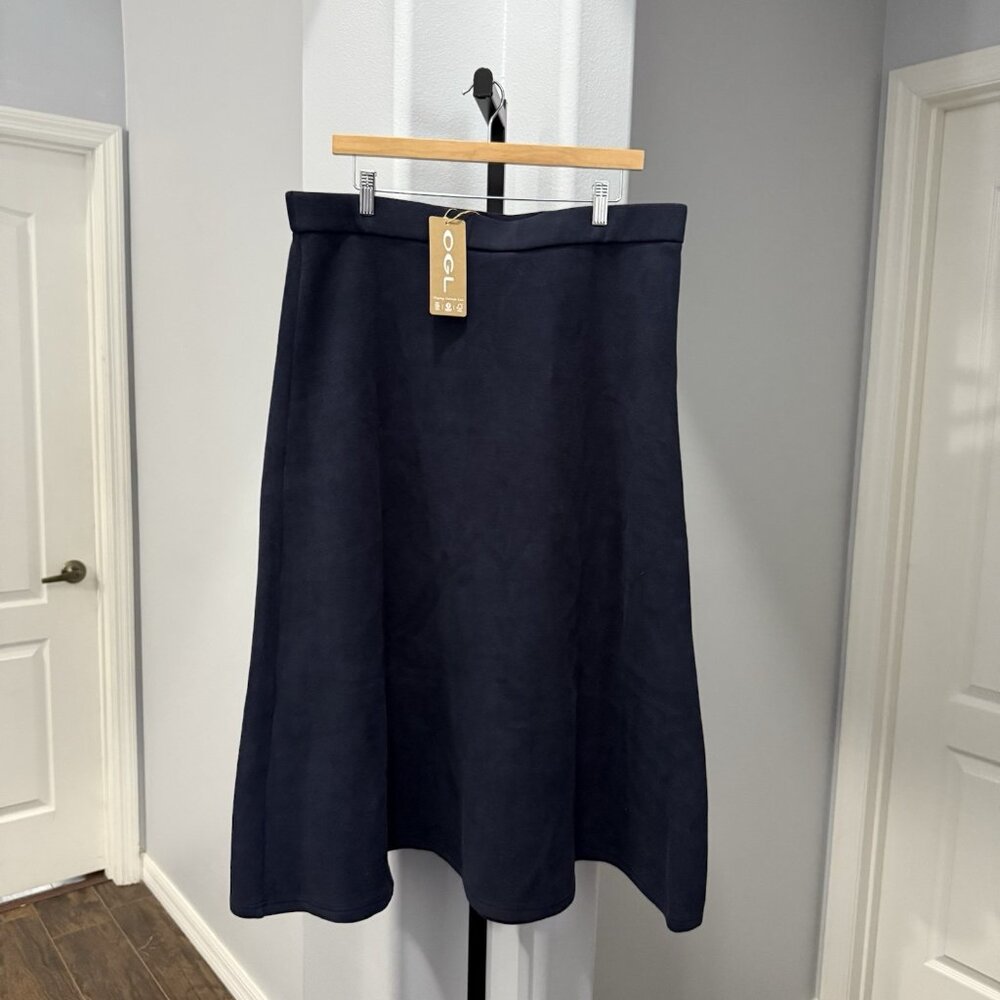 New OGL Wool Blend Stretch Soft A Line Midi Skirt Navy Blue Size XL